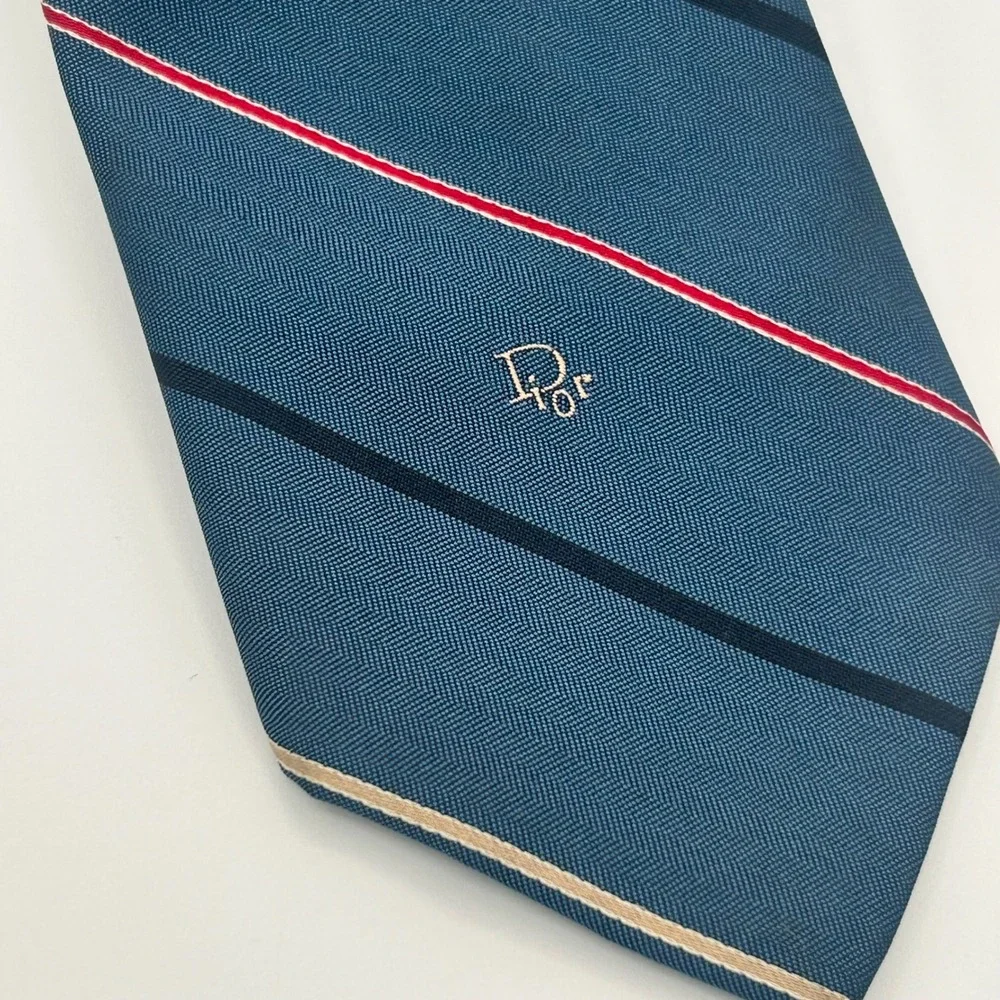 Christian Dior Blue Striped Silk Blend Mens Vintage Made in USA Italian Fabric